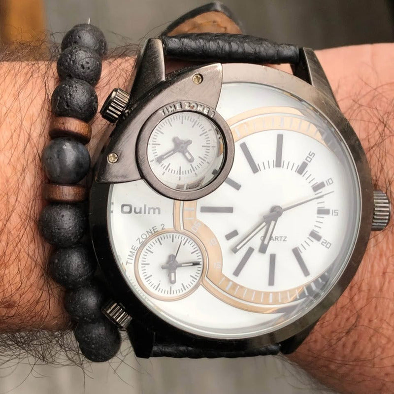 Reloj Oulm Con 3 Relojes En El Dial Funcionando Hombre 56mm
