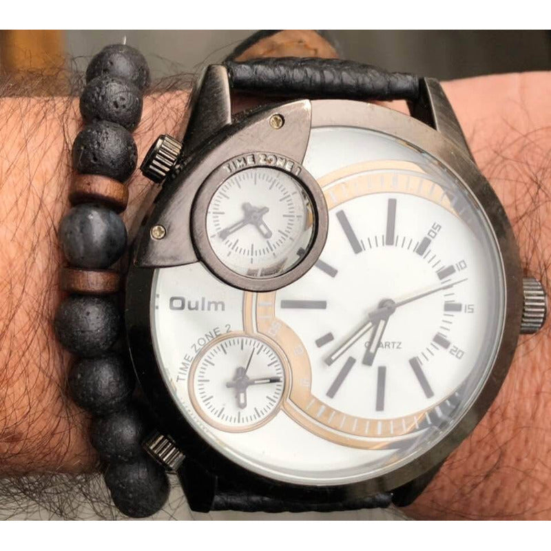 Reloj Oulm Con 3 Relojes En El Dial Funcionando Hombre 56mm