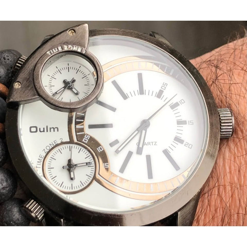 Reloj Oulm Con 3 Relojes En El Dial Funcionando Hombre 56mm