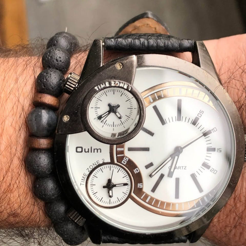 Reloj Oulm Con 3 Relojes En El Dial Funcionando Hombre 56mm