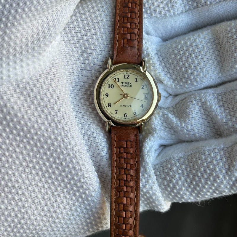Reloj Timex Mujer Vintage 1997 Indiglo Pulsera Cuero Cuadriculada