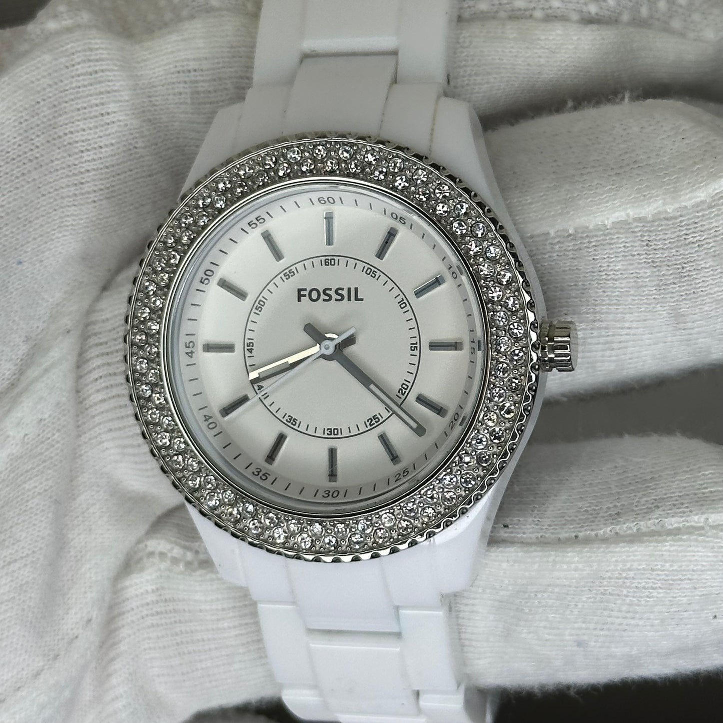 Reloj Fossil ES2444 Mujer Año 2011 Blanco Bisel de Cristales ESCASO