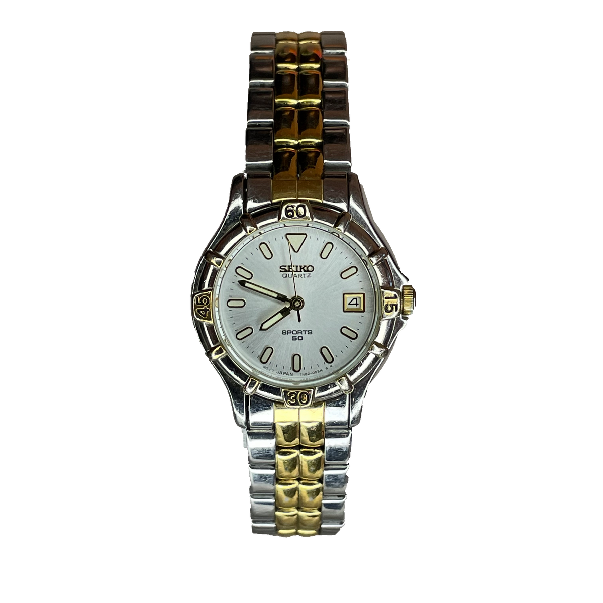 Reloj Seiko Sports 50 Mujer 7N82-0261 TwoTone Dial Plateado Mayo de 1996 Impecable — frontal sin fondo