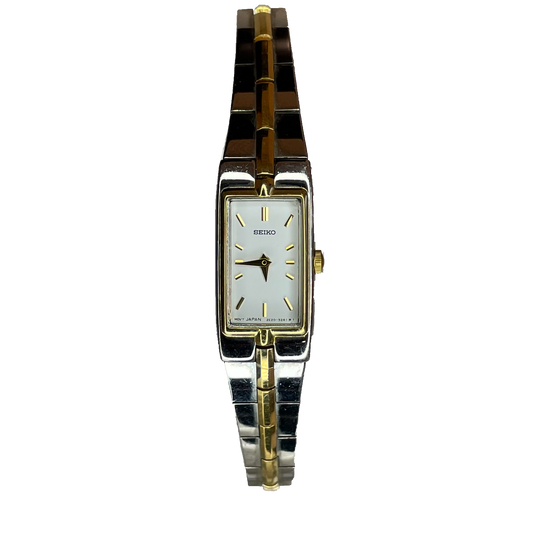 Reloj Joya Seiko 2E20-7479 rectangular bicolor Abril de 1991 Inspiración Art Déco — frontal sin fondo