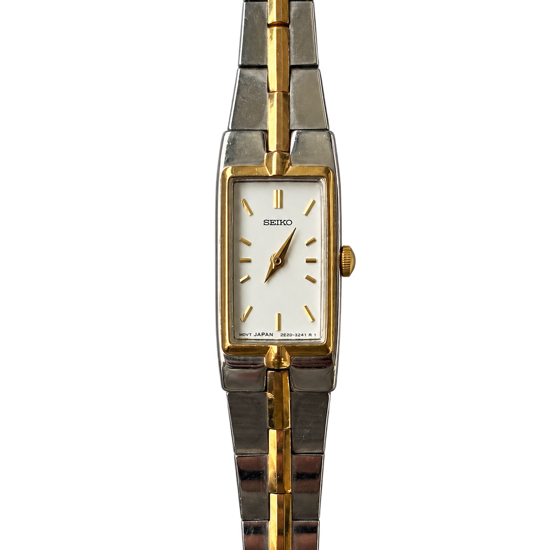 Reloj Joya Seiko 2E20-7479 rectangular bicolor Abril de 1991 Inspiración Art Déco