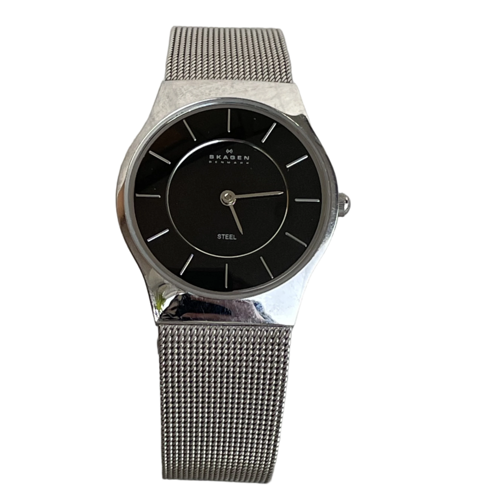 Reloj Skagen Denmark Mujer 2000s Negro Malla Acero Caja Original