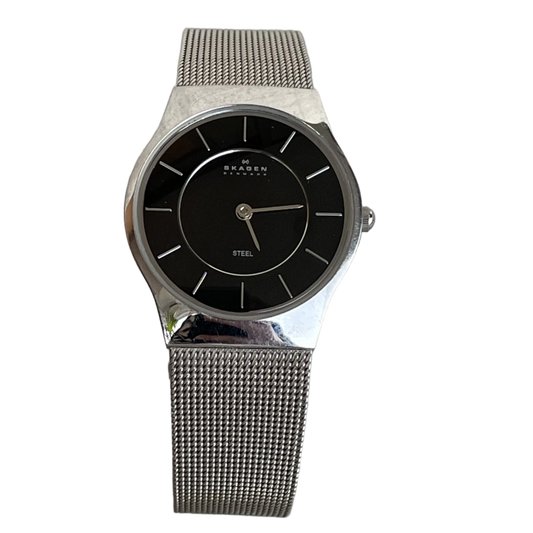 Reloj Skagen Denmark Mujer 2000s Negro Malla Acero Caja Original