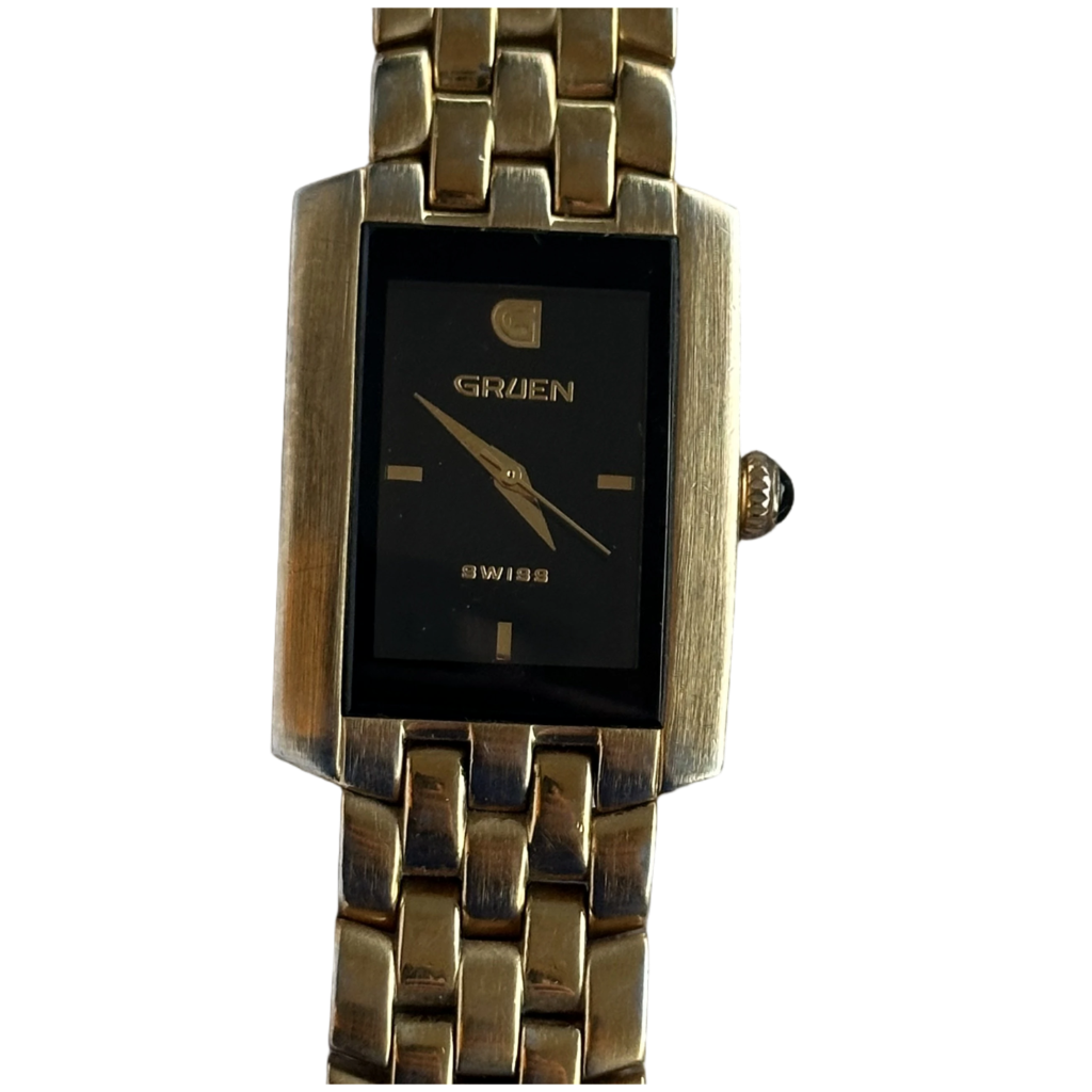 Reloj Gruen Swiss Rectangular Negro Dorado Años 2000 ÚNICO
