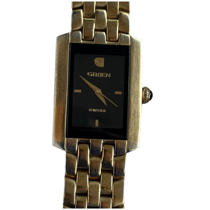 Reloj Gruen Swiss Rectangular Negro Dorado Años 2000 ÚNICO