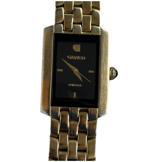 Reloj Gruen Swiss Rectangular Negro Dorado Años 2000 ÚNICO