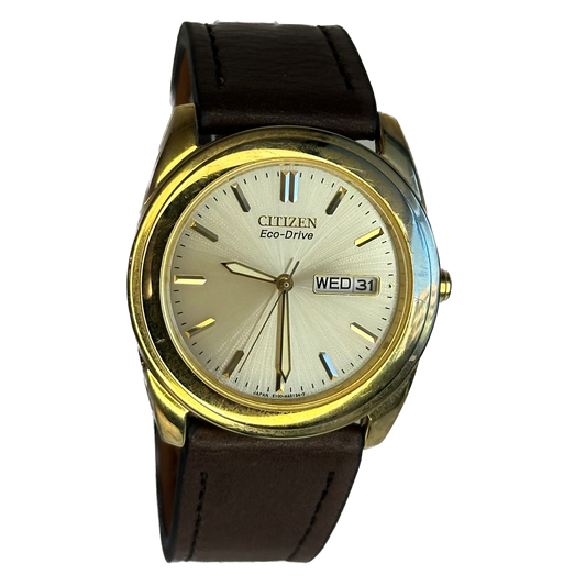 Reloj Citizen Eco-Drive SOLAR Hombre E100 Day-Date Japón 2000 Dorado NOS 35 mm