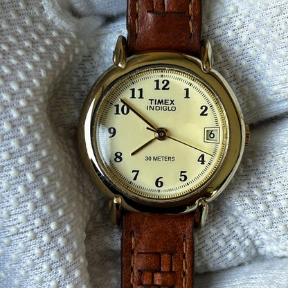 Reloj Timex Mujer Vintage 1997 Indiglo Pulsera Cuero Cuadriculada