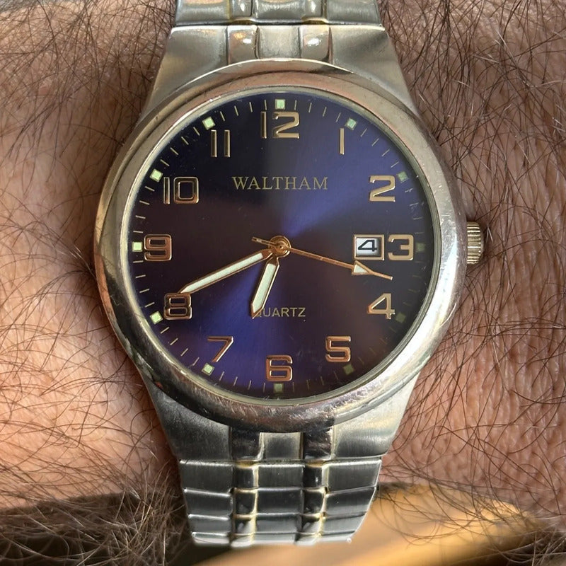 Reloj Waltham Hombre 1999 Azul Sunburst Con Fecha 41mm Leer