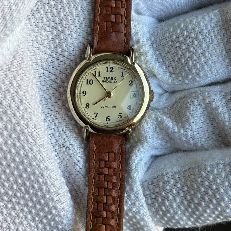 Reloj Timex Mujer Vintage 1997 Indiglo Pulsera Cuero Cuadriculada