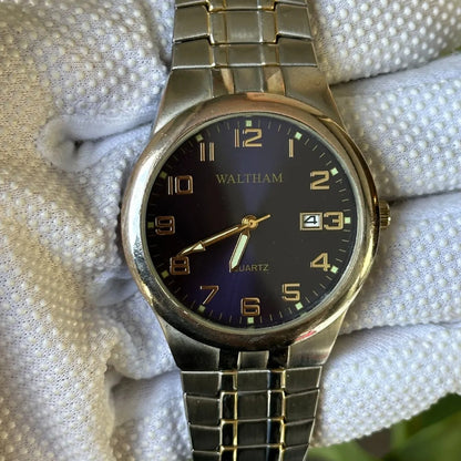 Reloj Waltham Hombre 1999 Azul Sunburst Con Fecha 41mm Leer