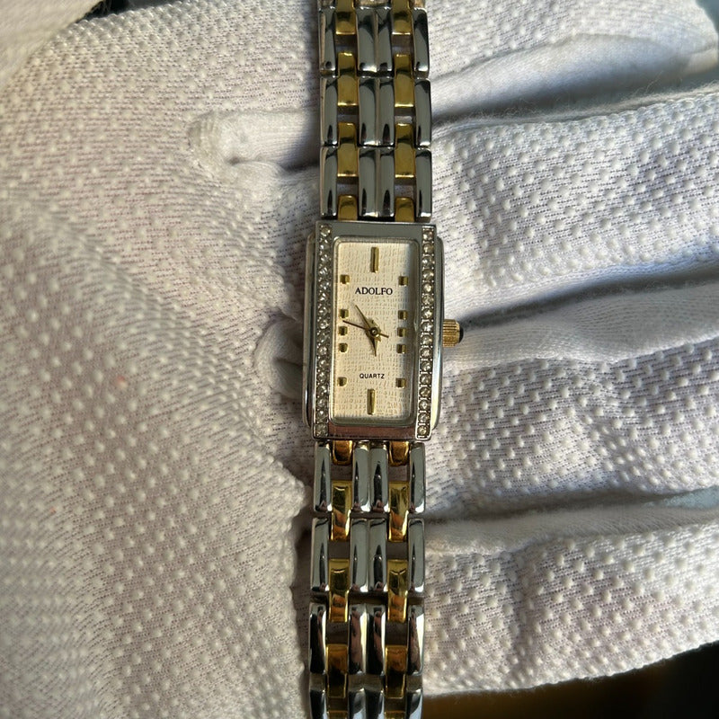 Reloj Adolfo Mujer Vintage 1999 Rectangular Cristales Doble Hilera