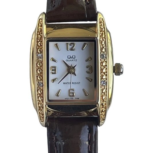 Reloj Q&q Mujer Rectangular 2011 Dorado Cristales Originales