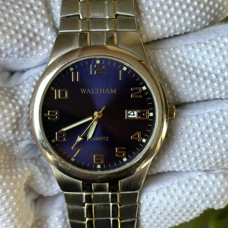 Reloj Waltham Hombre 1999 Azul Sunburst Con Fecha 41mm Leer