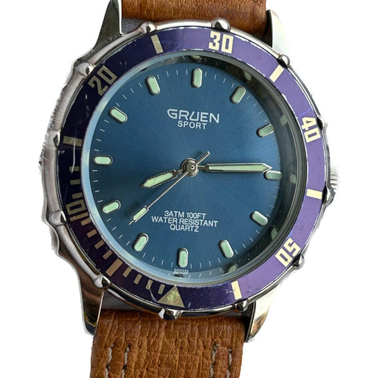 Reloj Gruen Sport Hombre 1999 Cara Azul Rayos Sol Pulsera Original Único