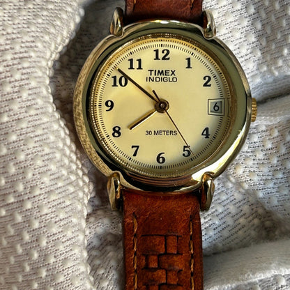 Reloj Timex Mujer Vintage 1997 Indiglo Pulsera Cuero Cuadriculada