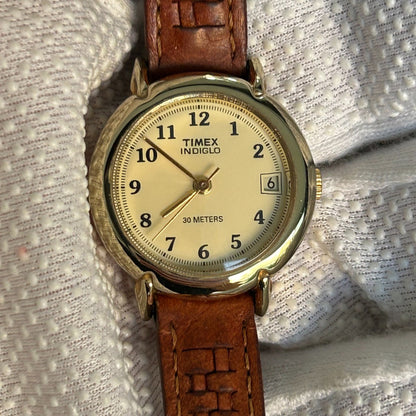 Reloj Timex Mujer Vintage 1997 Indiglo Pulsera Cuero Cuadriculada