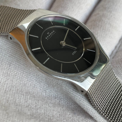 Reloj Skagen Denmark Mujer 2000s Negro Malla Acero Caja Original