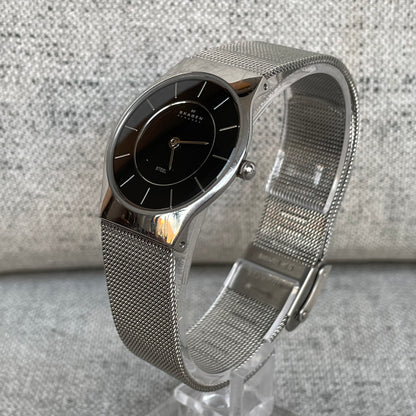 Reloj Skagen Denmark Mujer 2000s Negro Malla Acero Caja Original