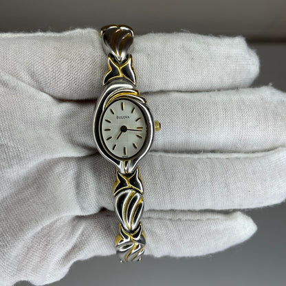 Reloj Joya Bulova Mujer Ovalado Bicolor Años 2000 Art Nouveau