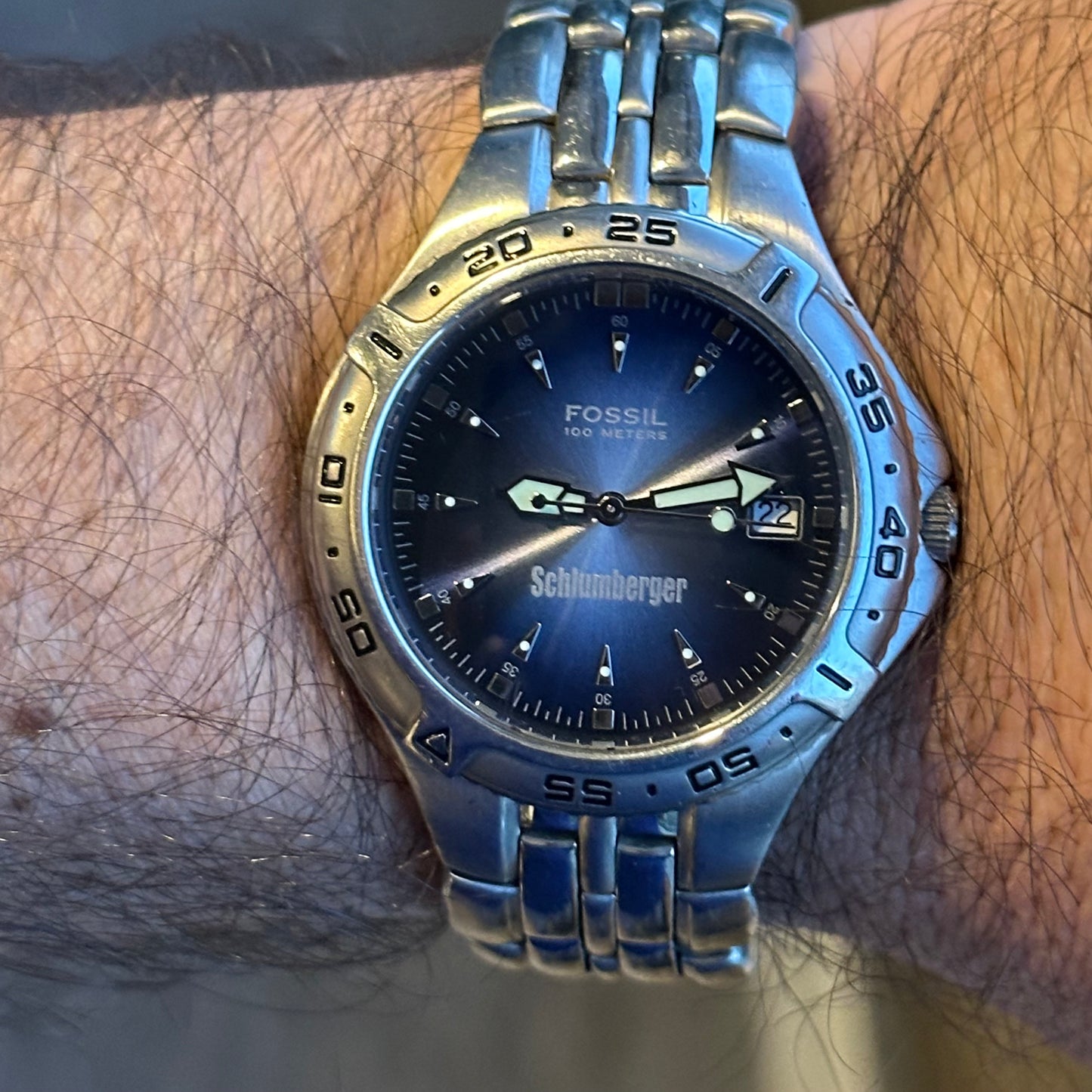 Reloj Fossil Schlumberger HOMBRE Azul Acero 2000s Corporativo RARO