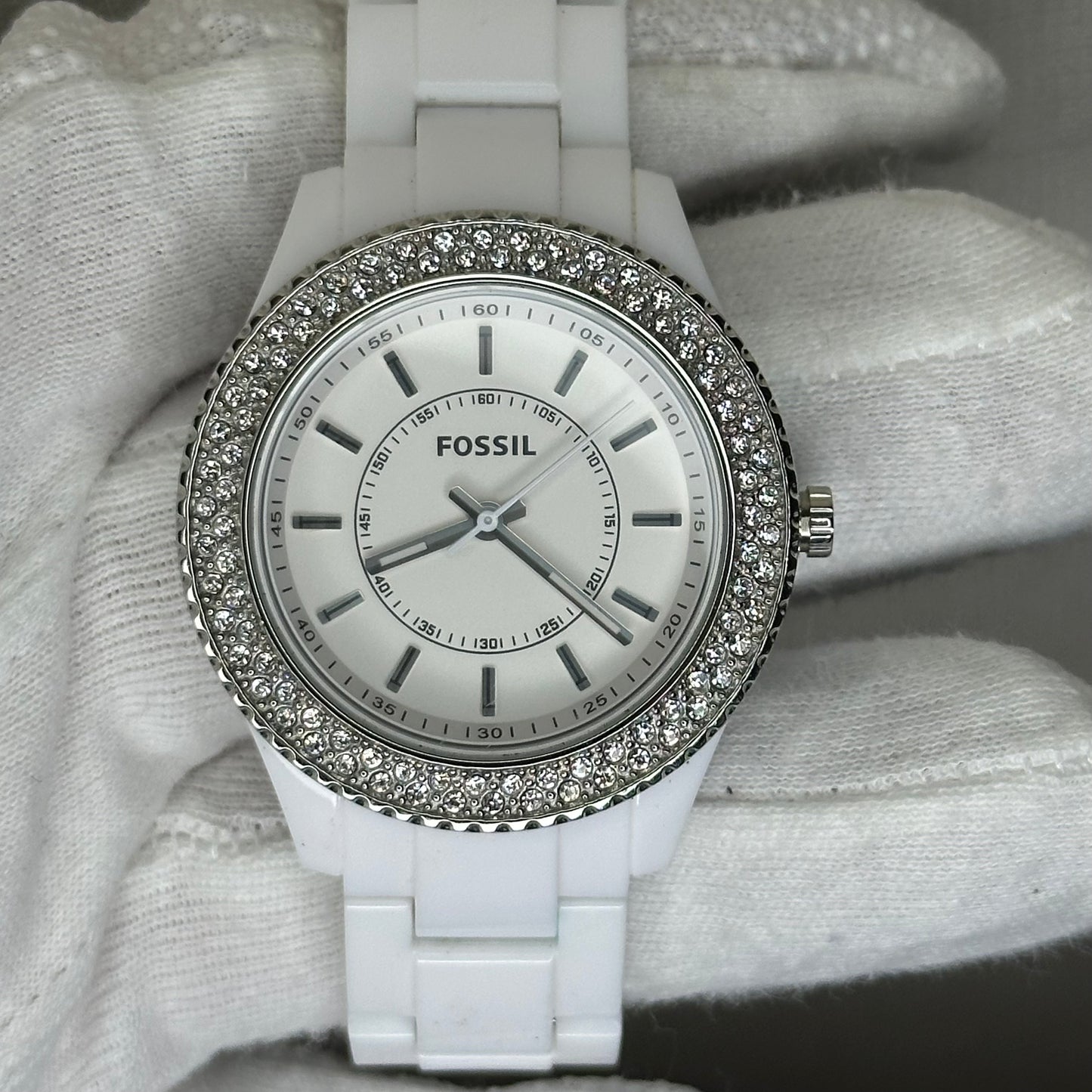 Reloj Fossil ES2444 Mujer Año 2011 Blanco Bisel de Cristales ESCASO
