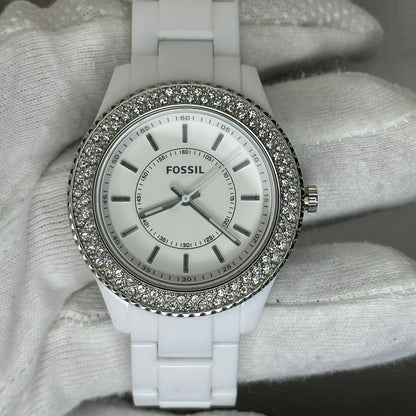 Reloj Fossil ES2444 Mujer Año 2011 Blanco Bisel de Cristales ESCASO