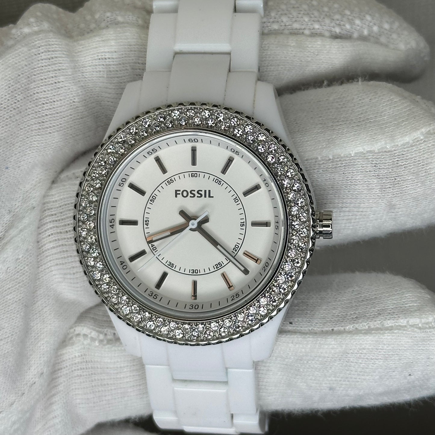 Reloj Fossil ES2444 Mujer Año 2011 Blanco Bisel de Cristales ESCASO