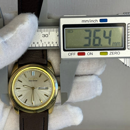 Reloj Citizen Eco-Drive SOLAR Hombre E100 Day-Date Japón 2000 Dorado NOS 35 mm