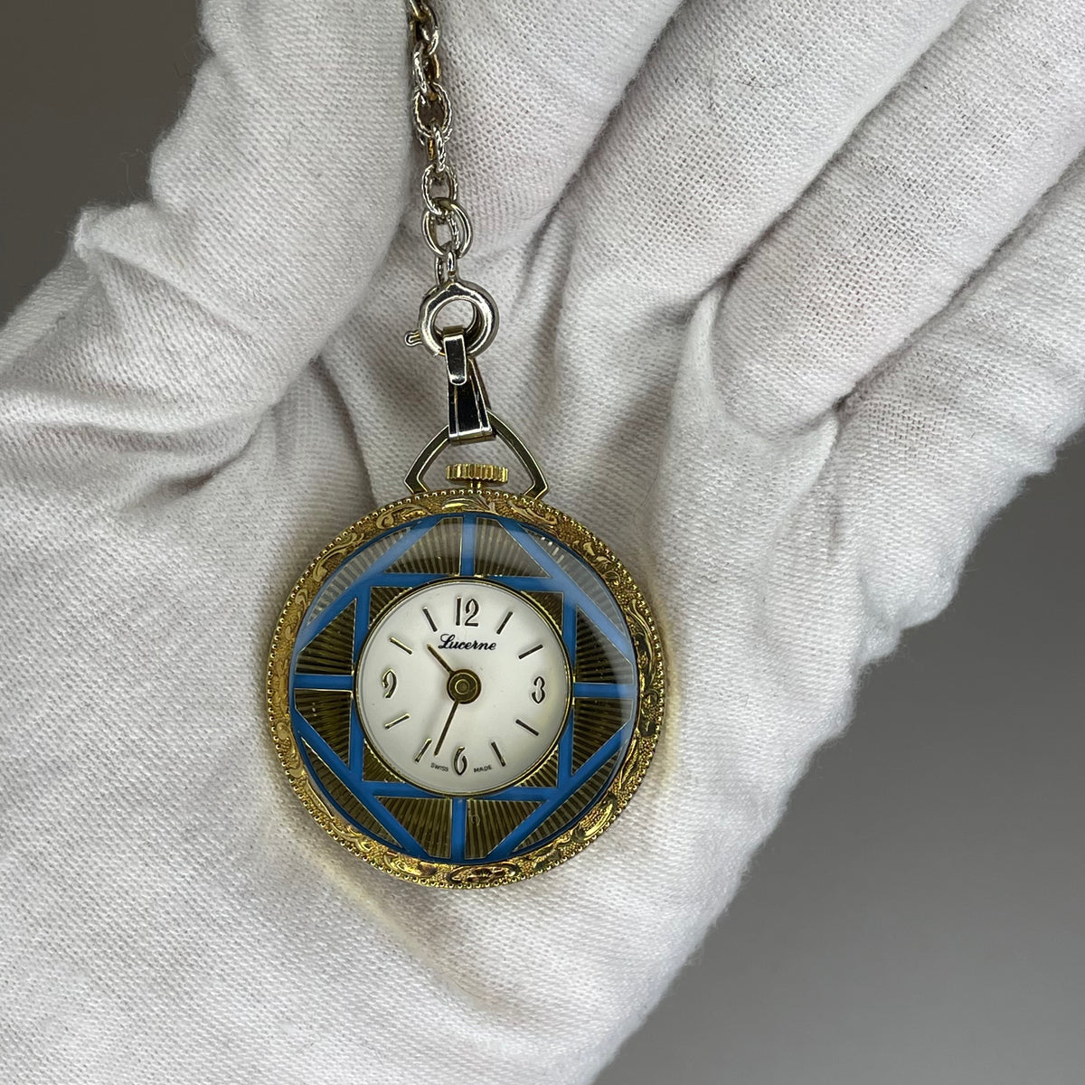 Reloj Colgante A Cuerda Lucerne SUIZO Azul y Dorado Elab. en 1970 Revival Art Déco - fotografía 5