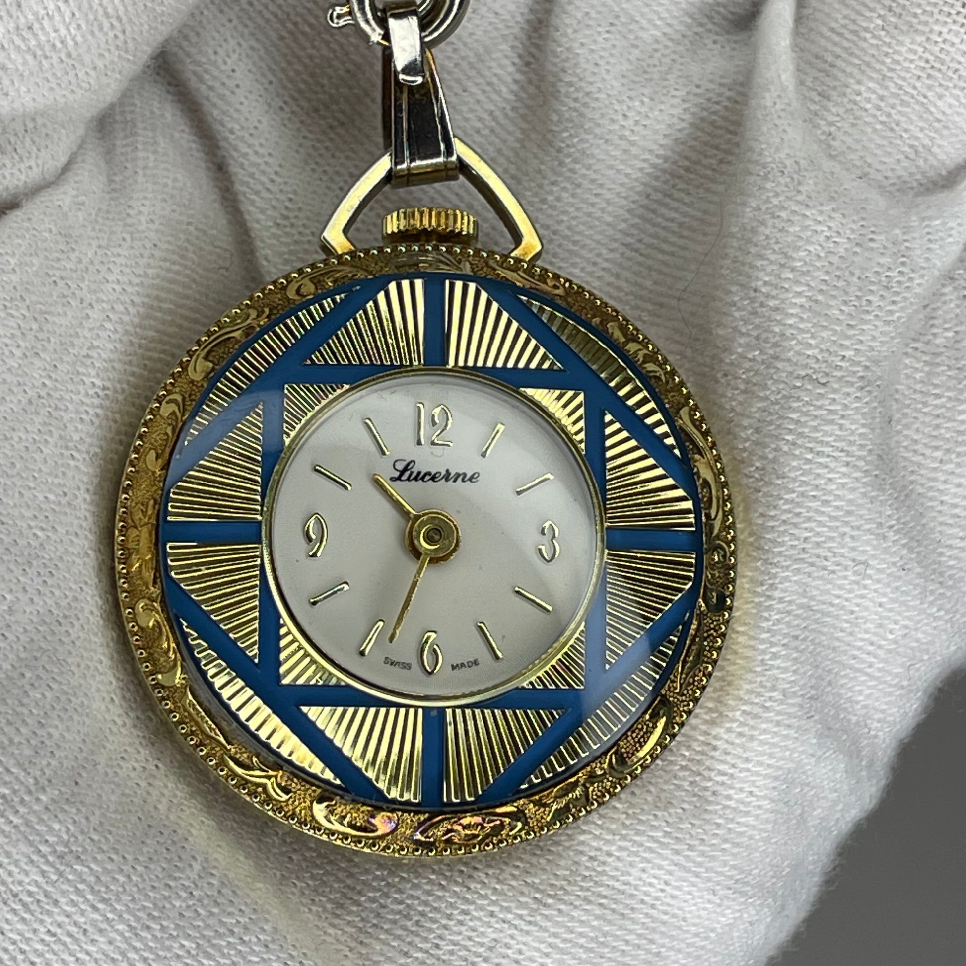 Reloj Colgante A Cuerda Lucerne SUIZO Azul y Dorado Elab. en 1970 Revival Art Déco - fotografía 2