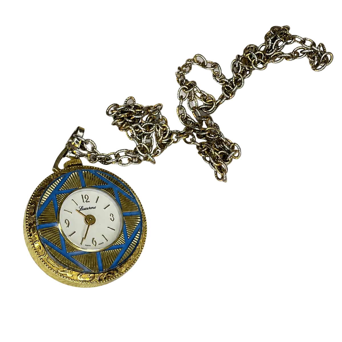Reloj Colgante A Cuerda Lucerne SUIZO Azul y Dorado Elab. en 1970 Revival Art Déco - vista frontal sin fondo