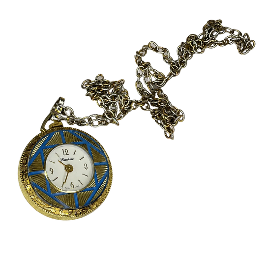Reloj Colgante A Cuerda Lucerne SUIZO Azul y Dorado Elab. en 1970 Revival Art Déco - vista frontal sin fondo