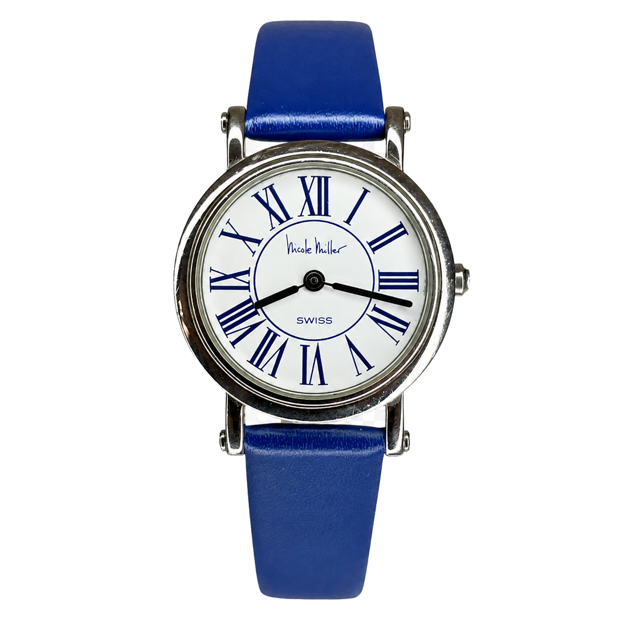 Reloj de mujer SUIZO Nicole Miller Time Flies Año 1993 Roman Blue Dial Inspiración neoclásica - vista frontal sin fondo