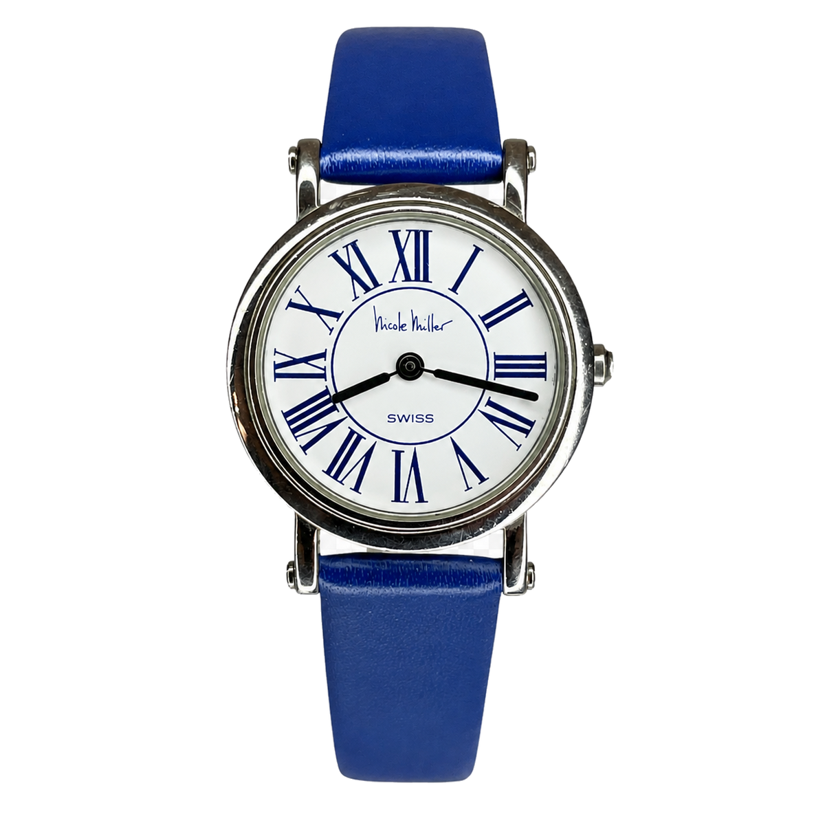 Reloj de mujer SUIZO Nicole Miller Time Flies Año 1993 Roman Blue Dial Inspiración neoclásica - vista frontal sin fondo