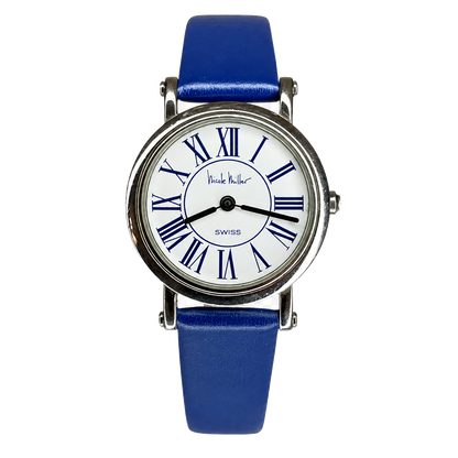 Reloj de mujer SUIZO Nicole Miller Time Flies Año 1993 Roman Blue Dial Inspiración neoclásica - vista frontal sin fondo