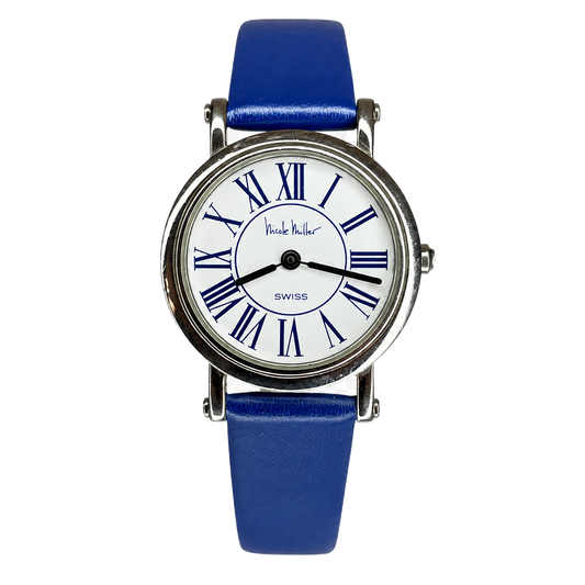 Reloj de mujer SUIZO Nicole Miller Time Flies Año 1993 Roman Blue Dial Inspiración neoclásica - vista frontal sin fondo