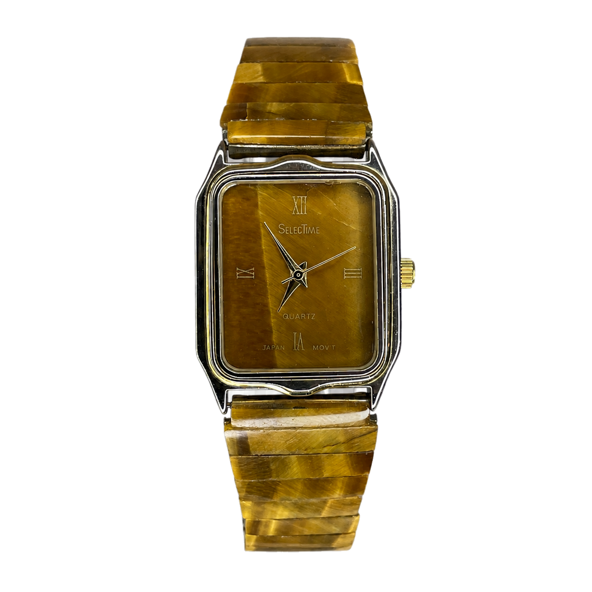 Reloj joya de mujer SelectTime 1988 Resina veteada estilo ojo de tigre Impecable - vista frontal sin fondo