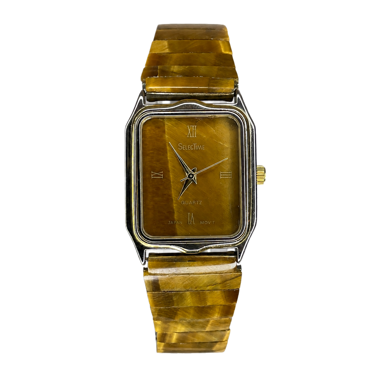 Reloj joya de mujer SelectTime 1988 Resina veteada estilo ojo de tigre Impecable - vista frontal sin fondo