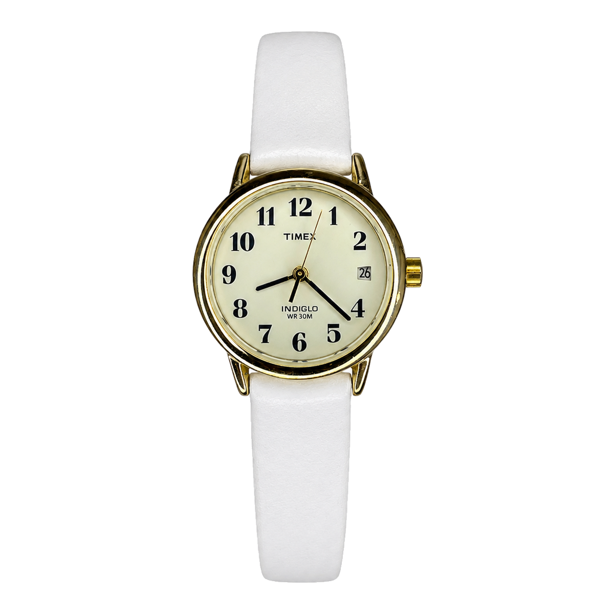 Reloj de mujer Timex Easy Reader Date INDIGLO Año 2002 Pulsera blanca nueva - vista frontal sin fondo