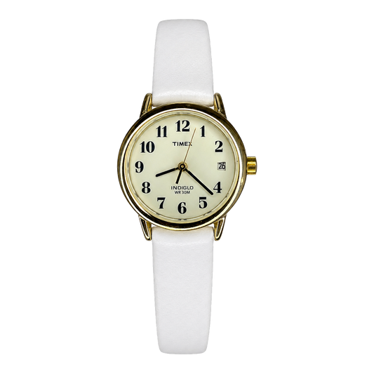 Reloj de mujer Timex Easy Reader Date INDIGLO Año 2002 Pulsera blanca nueva - vista frontal sin fondo