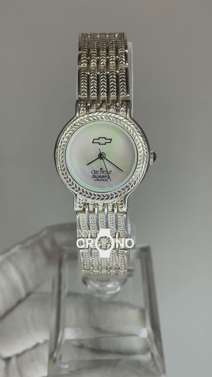 Reloj de Plata Maciza Croton Chevrolet Cara Madreperla Pulsera y Caja de Plata MUY ESCASO Año 1995