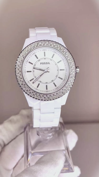 Reloj Fossil ES2444 Mujer Año 2011 Blanco Bisel de Cristales ESCASO