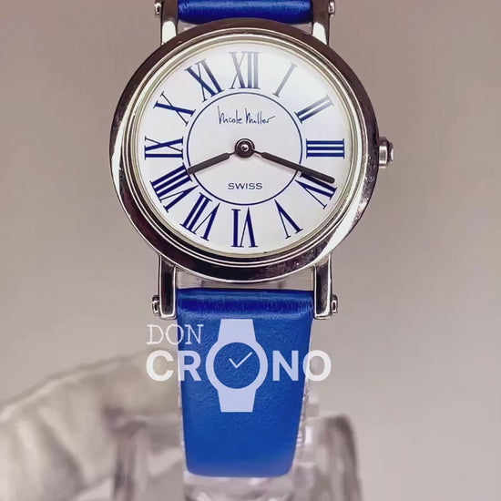 Reloj de mujer SUIZO Nicole Miller Time Flies Año 1993 Roman Blue Dial Inspiración neoclásica