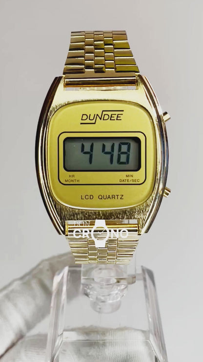 Reloj Dundee LCD Quartz Digital Caja Curva y Brazalete Metálico Año 1983 Vintage Impecable