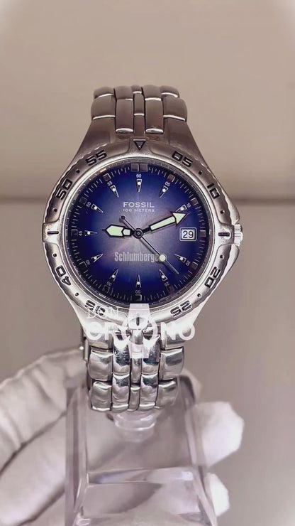 Reloj Fossil Schlumberger HOMBRE Azul Acero 2000s Corporativo RARO